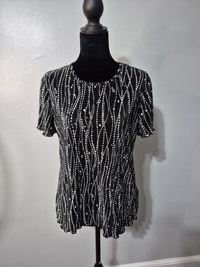 Jaclyn Smith Pleated Blouse Large Black White Abstract Stripe Top Flowy Lightwei